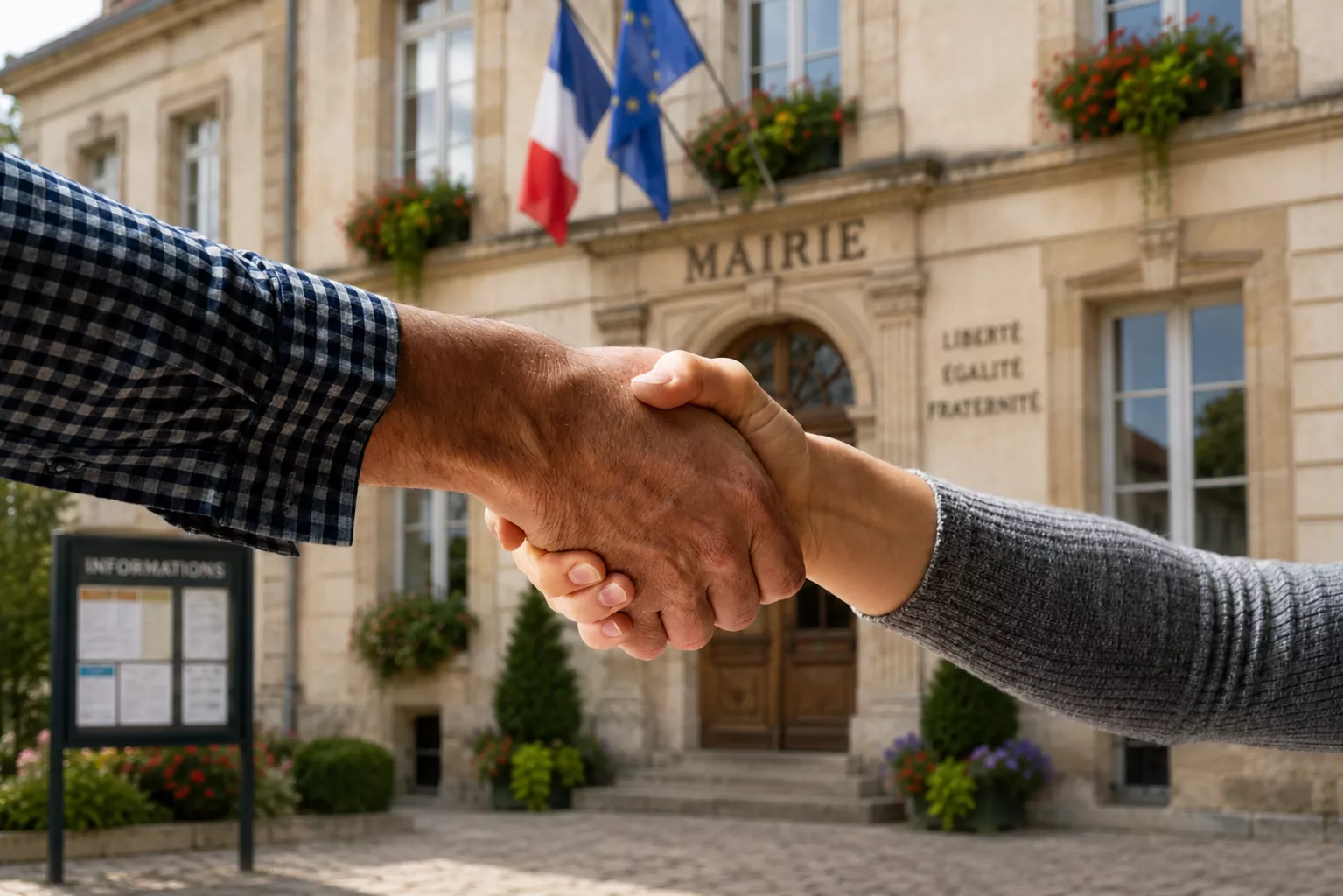 Poignée de main entre deux professionnels devant une mairie française symbolisant la collaboration et la transformation numérique des collectivités locales