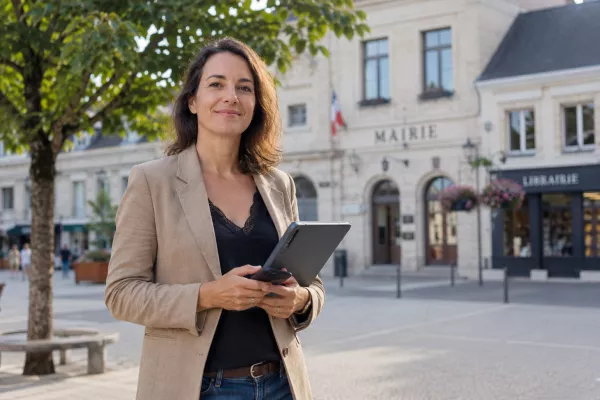 Agent communal utilisant une tablette devant une mairie pour communiquer efficacement auprès des citoyens et améliorer la relation citoyenne