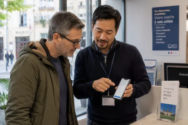 Agent municipal présentant des services en ligne sur smartphone afin de faciliter les démarches administratives des citoyens en mairie