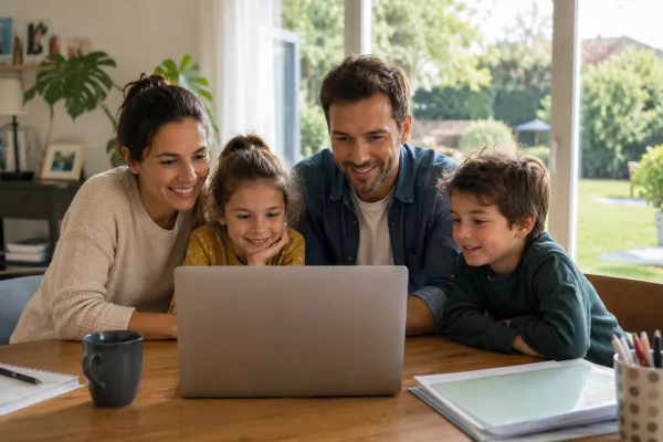 Famille utilisant un ordinateur à domicile pour accéder aux services en ligne de la mairie et simplifier les démarches du quotidien