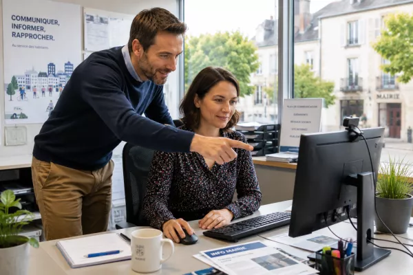 Agents municipaux travaillant sur des outils numériques pour simplifier la communication, l’organisation et la gestion des services en mairie